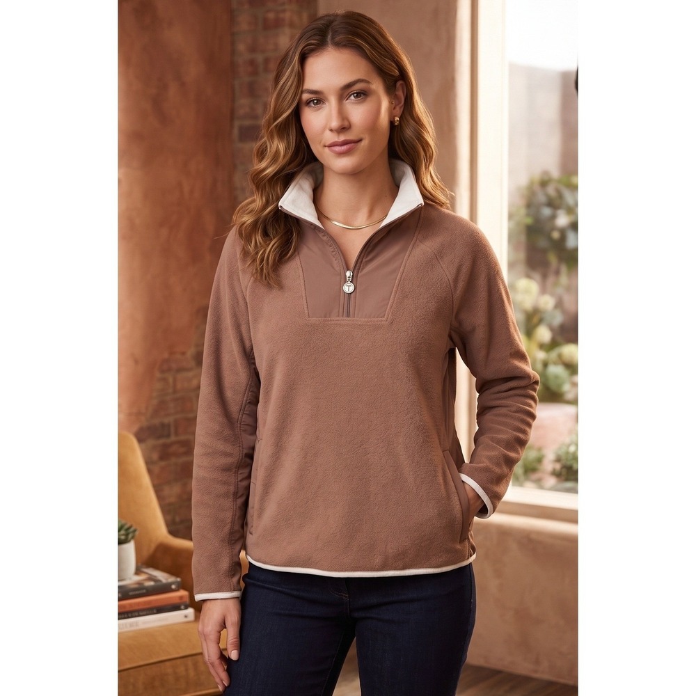 T by Talbots Fleece Quarter Zip Sweatshirt Womens Size MP Taupe Pullover Outdoor